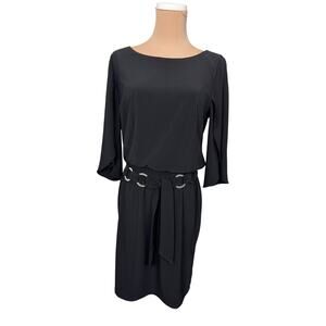 NWT MSK Petite Large Black Belted Dress Flutter Sleeve Work to Evening LBD